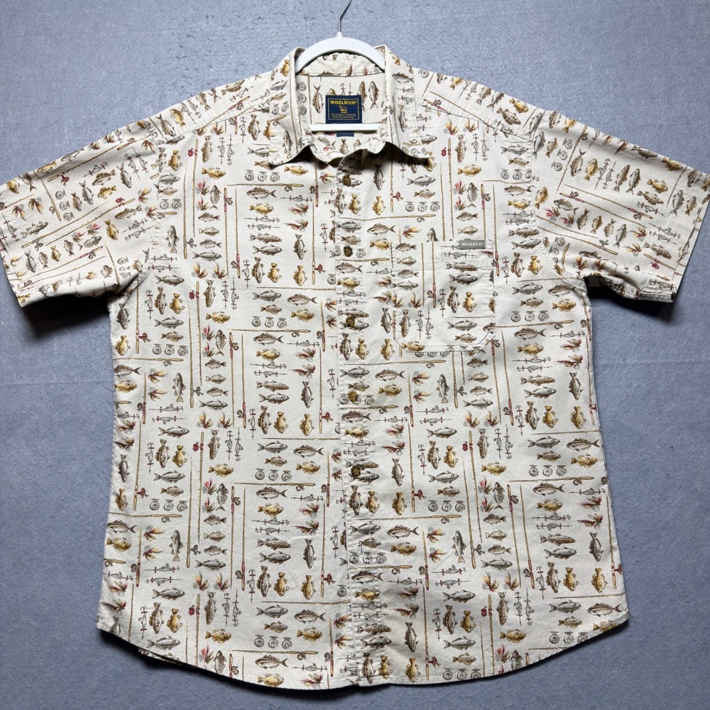 Woolrich Mens XL‎ Khaki Freshwater Fish Fishing Print Short Sleeve Button Shirt